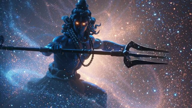 Dynamic cosmic illustration of Lord Shiva holding a trident, surrounded by glowing particles and celestial energy in a powerful divine pose.