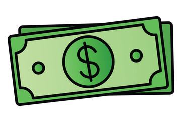 Flat Vector Green US Dollar Banknote with Black Outline, American Currency Money Symbol Design