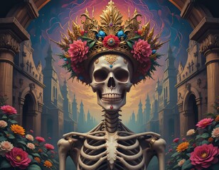 Una figura esquelética adornada con una corona lujosa y ornamentada, ubicada en medio de un fondo mexicano místico y antiguo