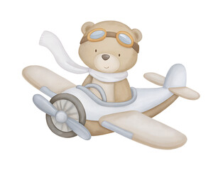 Watercolor illustration of a bear flying an airplane on transparent background. © beyouenked