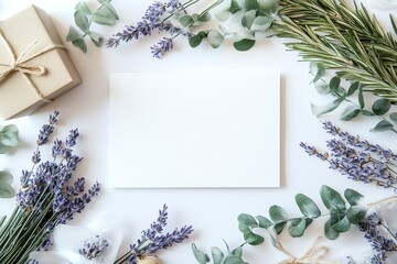 A beautiful arrangement of lavender and eucalyptus around a blank card, perfect for invitations or messages.