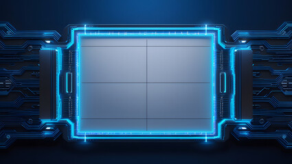 High-tech abstract background featuring a central digital interface bordered by glowing blue circuit patterns.