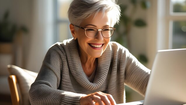 Embracing Digital Connectivity: A senior lady radiates pure joy as she navigates the digital world. Capturing her happiness, the image conveys a sense of connection.