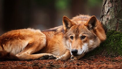 red wolf laying under tree