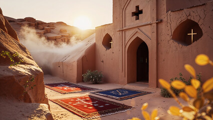 Ancient religious desert architecture illuminated by sunlight with traditional rugs for prayer and reflection