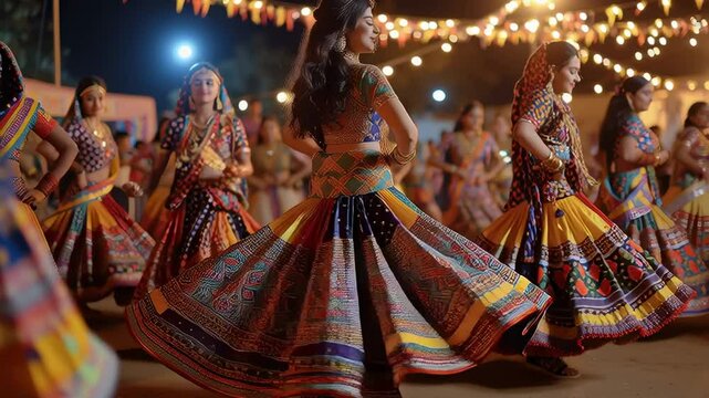 Women in vibrant traditional attire dancing joyfully during a Navratri celebration, surrounded by festive lights and a cheerful crowd at night.