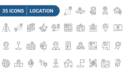 Location Web Icons Set in Line or outline Style related to Location. Icons For Web and Mobile App. Linear icons collection. Editable stroke. Vector illustration