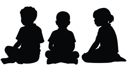 Kids sitting silhouettes vector black and white illustration