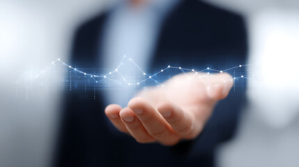 Businessman holds data-driven tech insights. Modern digital graphs, numbers float in hands. Informed business strategies, data management. Tech, analytics concepts. Decision making process presented