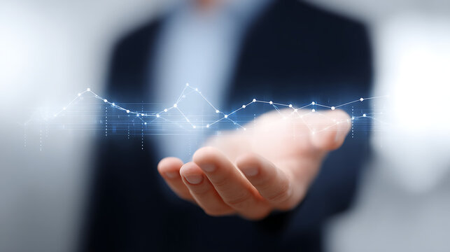 Businessman holds data-driven tech insights. Modern digital graphs, numbers float in hands. Informed business strategies, data management. Tech, analytics concepts. Decision making process presented