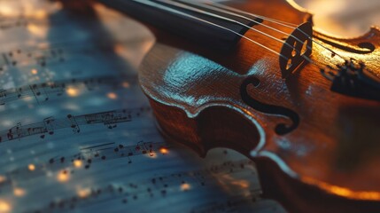 Fototapeta premium Violin on sheet music close up view