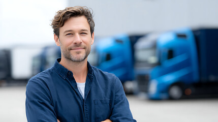 Warehouse manager stands confidently near fleet of blue trucks. Mature entrepreneur poses against backdrop of commercial transport vehicles. Trucking company owner showing distribution business