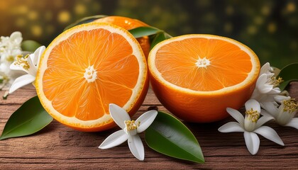 juicy orange cut in two parts and neroli flowers of orange tree on rustic wood background the orange blossom is the fragrant flower of the citrus is used in perfume and tea aphrodisiac
