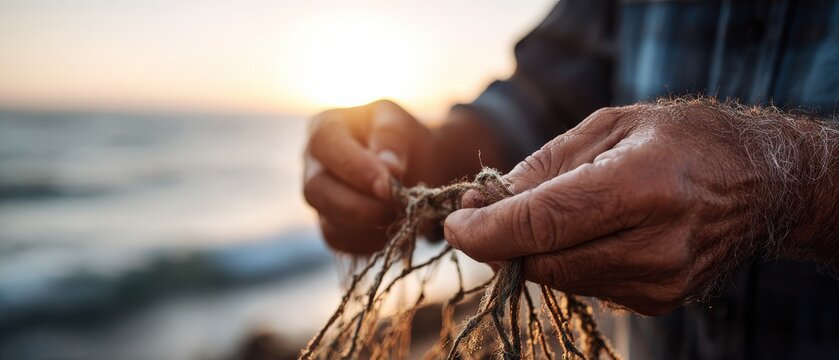 Senior man repairing fishing net by the sea at sunset Closeup of fishermans hands mending net with ocean backdrop Concept of traditional occupation, manual labor, and coastal lifestyle