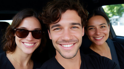 Three friends happily travel in car. Enjoying summer vacation. Smiling, laughing. Car ride, vacation, friends, summer, joyful, happy, trip, diverse, road trip, young, journey, group, ethnicity