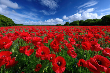 Vibrant red poppy field under a clear blue sky during sunny daylight hours