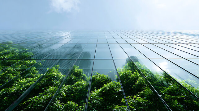 Modern office building exterior with green trees. Eco-friendly sustainable architecture, urban greening. City business district with environment, eco-friendly design, promoting corporate environment.