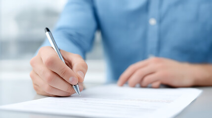 Man fills out workers compensation form. Sits at desk, carefully completes claim document. Fills in information. Claim involves injury at work. Process happens in office setting. Document in