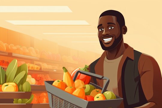 Happy customer carrying basket full of fresh fruits and vegetables, enjoying grocery shopping experience in supermarket