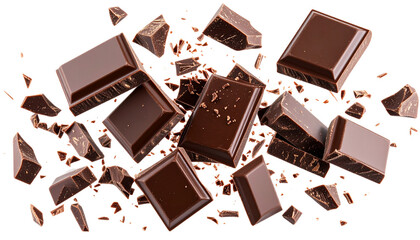 a dynamic arrangement of chocolate pieces some intact and others shattered illustrating the texture and richness of chocolate it evokes a sense of indulgence