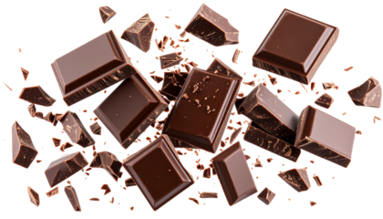 a dynamic arrangement of chocolate pieces some intact and others shattered illustrating the texture and richness of chocolate it evokes a sense of indulgence