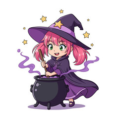 Adorable young girl witch holding a wooden spoon and stirring a bubbly potion concoction in a large big black cauldron - isolated white background cartoon illustration