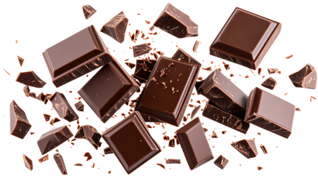 a dynamic arrangement of chocolate pieces some intact and others shattered illustrating the texture and richness of chocolate it evokes a sense of indulgence