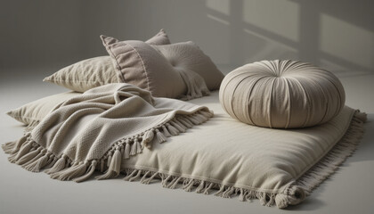 Cozy beige cushions and fringed throw blanket create warm, inviting atmosphere in softly lit room. textured fabrics and neutral tones enhance serene, comfortable setting