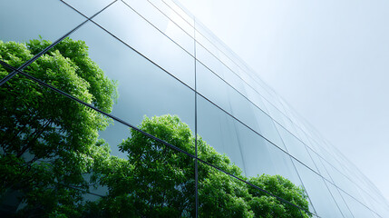 Sustainable glass office building with trees reflects corporate environmental responsibility, eco-friendly architecture. Modern eco office reduces carbon dioxide. Green environment concept for