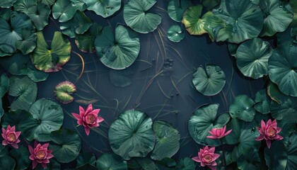 Pink lotus flowers on dark water lilies.