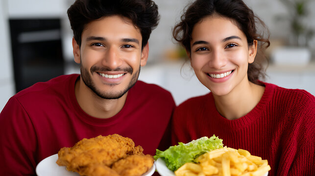 Happy Pakistani couple enjoys fried chicken meal together in home. Man woman smiling while eating tasty fast food. Celebrate weekend. Delicious, crunchy, golden fried chicken with fries on table.