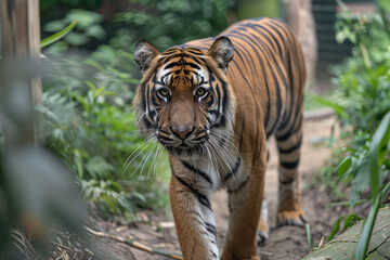 Obraz premium A majestic Bengal tiger walks through lush greenery, showcasing its striking stripes and powerful presence.