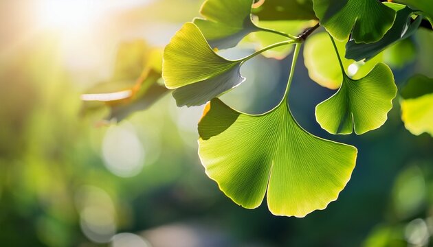 close up of lush green ginkgo biloba leaves in natural sunlight - Powered by Adobe