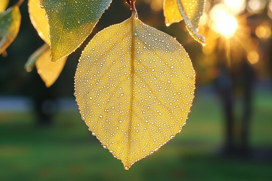 Close-up of a glistening autumn leaf.  Sunlight streams through, highlighting water droplets