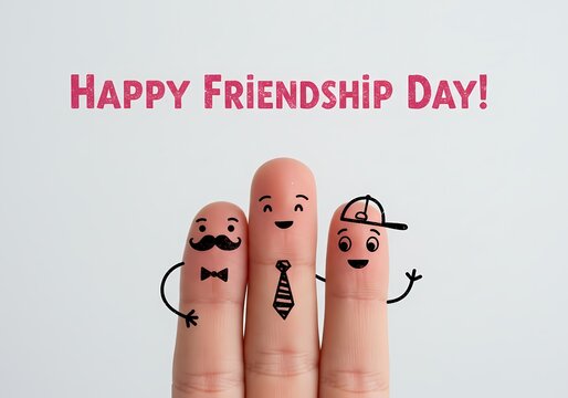Three fingers decorated as friends with happy friendship day text on a white background above them