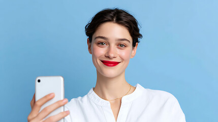 Young woman taking selfie on smartphone. Smiling face, red lips. Girl using phone, social media, content creation, video streaming, Tik Tok concept. Modern technology, social network, online