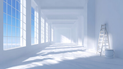 Obraz premium White room interior with ladder, paint buckets near large windows. Construction remodel concept. Room prepared with protective covering ready for painting. Sunlight, shadows. Modern minimalist empty