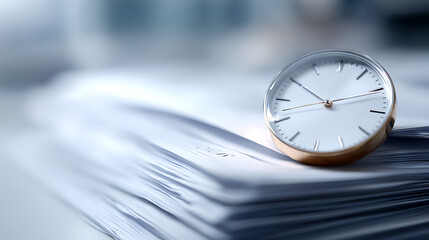 Clock face obscured by official forms. Time is buried under bureaucracy. Concept of time management delay in business process. Symbol of deadlines, paperwork, administrative burden, slow working.