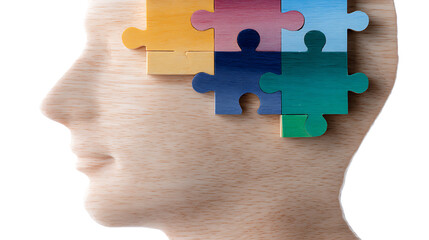 Wooden head shape brain made of colorful puzzle pieces. Illustration complex thinking process, logical mind. Parts of brain connected. Concept of connecting ideas, problem-solving abilities. Abstract