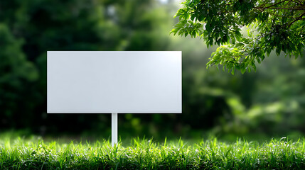 Blank yard sign mockup stands in green grass field. Empty signboard for advertising, promotions. White poster park, spring summer outdoor. Sunlight, nature background.