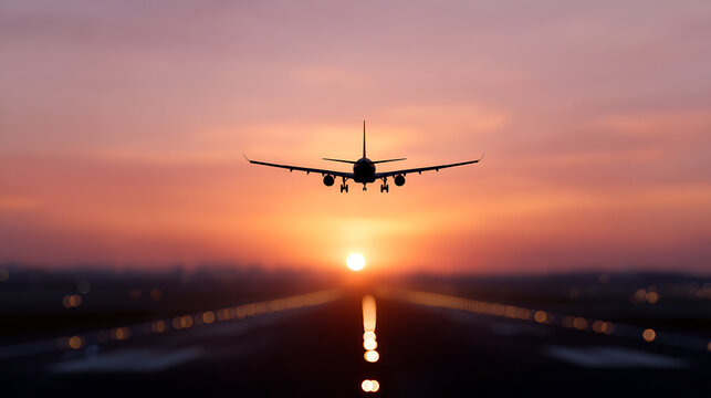 Airplane takes off runway against beautiful sunset. Commercial jet aircraft flies. Travel, transportation, aviation concept. Passenger plane depart sky. Flight at sunset. Vacation, journey, adventure