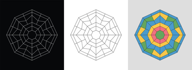 Basic hexagon mandala with lines and bright geometric color accents for modern decor.