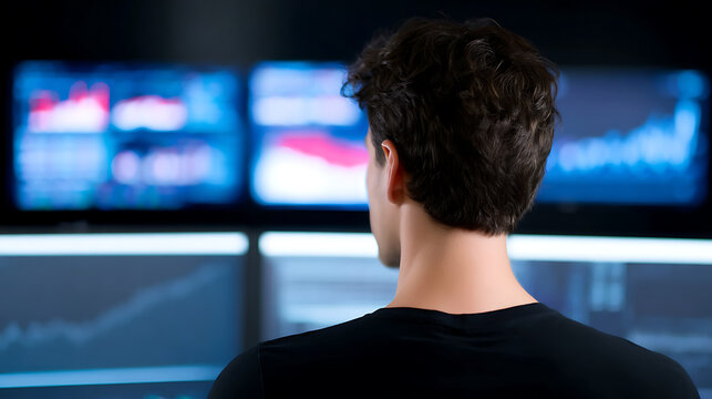 Pro sports bettor studies match-up data. Man analyzes charts, graphs on multiple computer screens. Strategy, statistics, trends are key. Modern tech workspace for data analysis. - Powered by Adobe