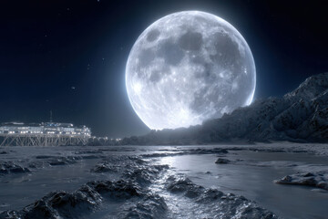 Nighttime ocean view with massive moon illuminating rocky shore