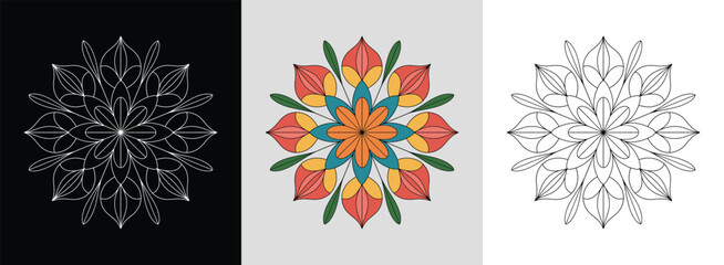 Bold floral mandala with star shapes and bright geometric lines for striking decor.