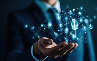 Businessman holds digital network of people