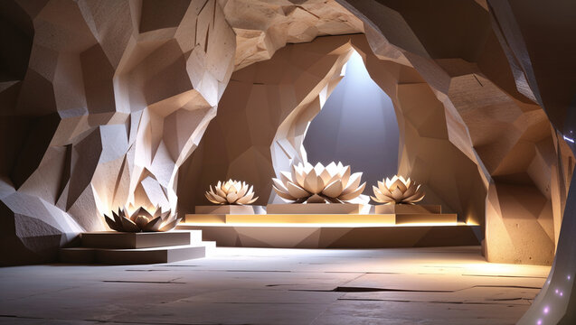 Artistic rendering of a meditative cave with illuminated lotus flowers for wellness and tranquility