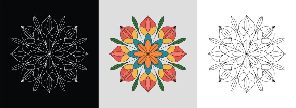 Bold floral mandala with star shapes and bright geometric lines for striking decor.