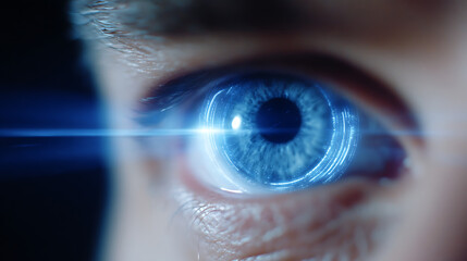 Close-up shot of a vibrant blue eye, digital data overlay. Tech concept. Futuristic innovation vision, biometrics authentication, AI, science, high tech.