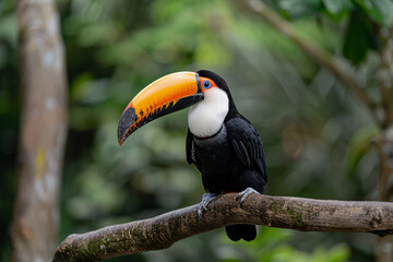 Naklejka premium A vibrant toucan perched on a branch, showcasing its striking orange and black plumage amidst lush greenery.